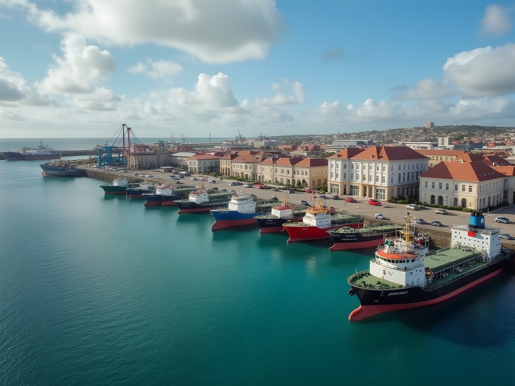 East London harbor showing mix of industrial and historical maritime architecture with ships in background