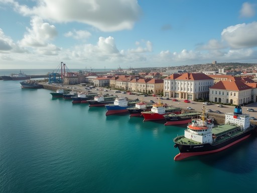 East London harbor showing mix of industrial and historical maritime architecture with ships in background