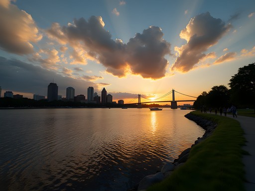 Sunset view of Providence skyline from Bold Point Park in East Providence