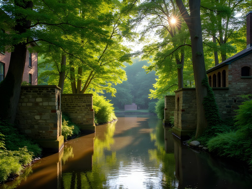 Ten Mile River flowing past historic mill foundations at Hunt's Mills Historic District