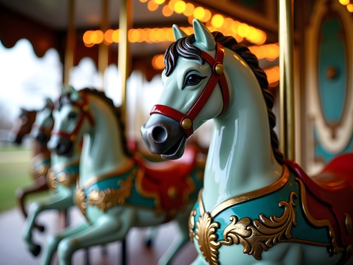 Ornate wooden horses on the historic Crescent Park Looff Carousel in East Providence