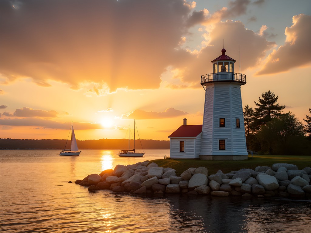 Pomham Rocks Lighthouse at sunset with Providence River waters reflecting golden light