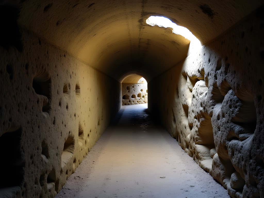 Mysterious stone passageway in Gilmerton Cove with ambient lighting