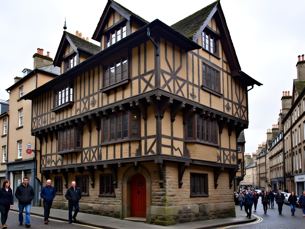 Historic medieval facade of John Knox House on Edinburgh's Royal Mile