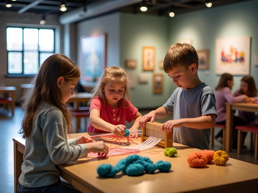 Children engaging with hands-on textile weaving activity at Fall River Children's Museum