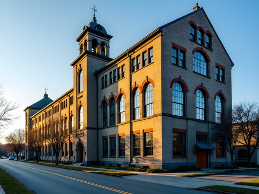 Impressive granite textile mill building in Fall River with distinctive architectural features