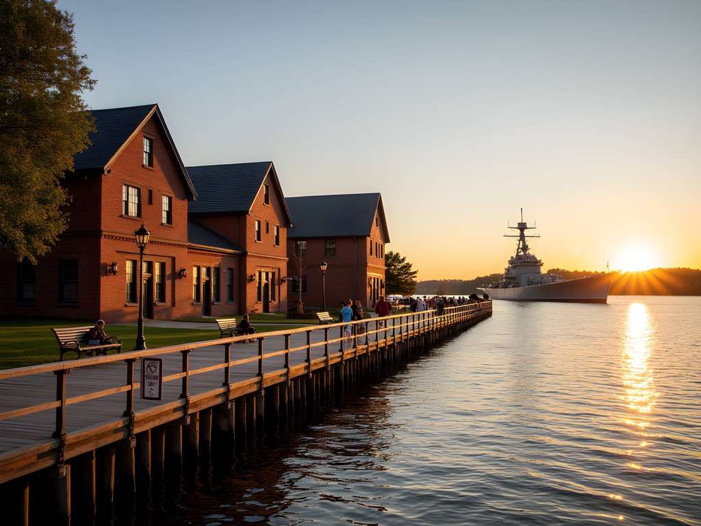 Fall River Heritage State Park waterfront with historic industrial buildings and Battleship Cove