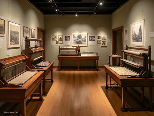 Textile exhibit at Fall River Historical Society showing looms, fabric samples, and historical photographs