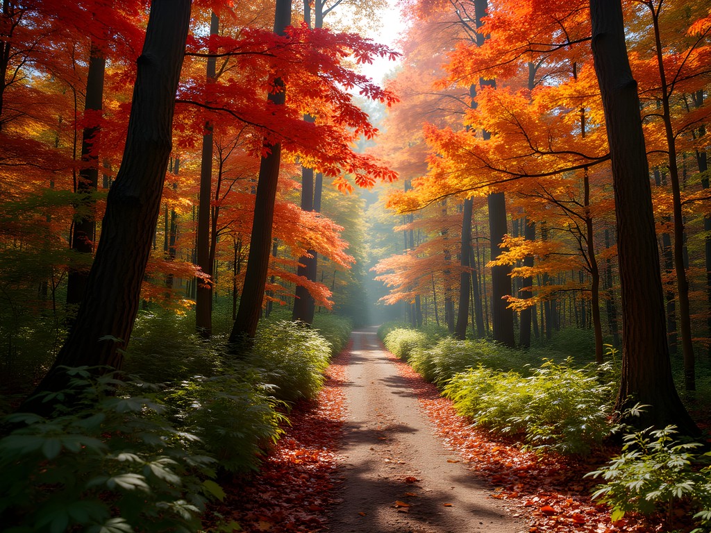 Hiking trail through Copicut Woods with brilliant autumn foliage in Fall River, Massachusetts