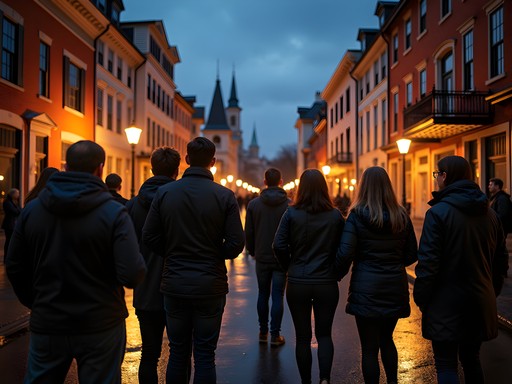A small group on Fall River's ghost tour walking through historic downtown at dusk