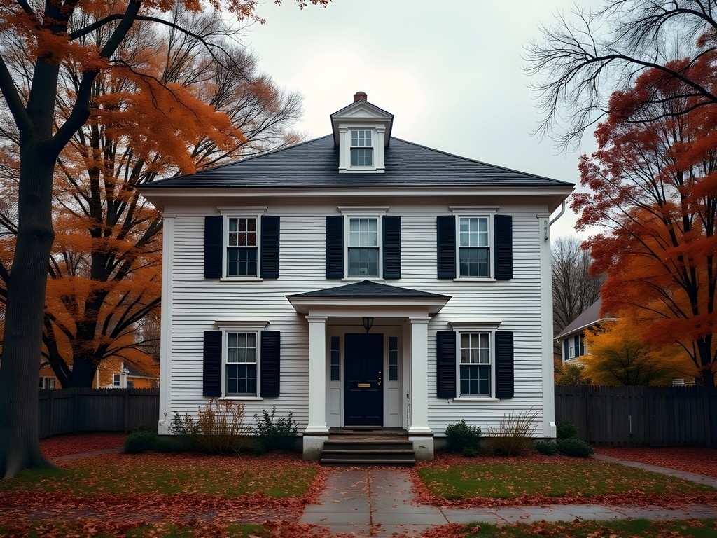 The historic Lizzie Borden House in Fall River during autumn with colorful fall foliage