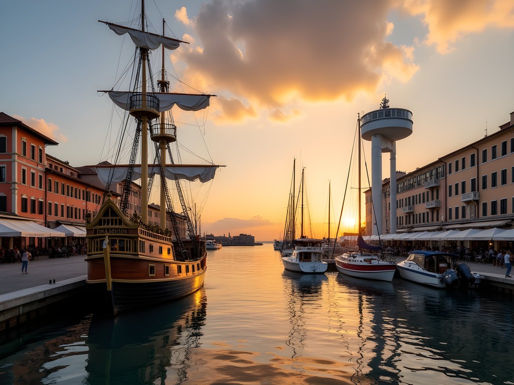 Genoa's Porto Antico at sunrise with historic Neptune galleon and modern Bigo lift