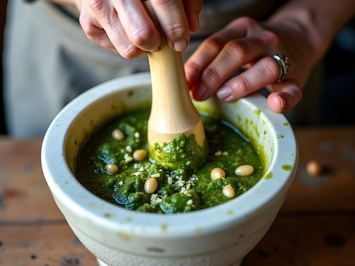 Traditional preparation of Genovese pesto using marble mortar and pestle in local trattoria