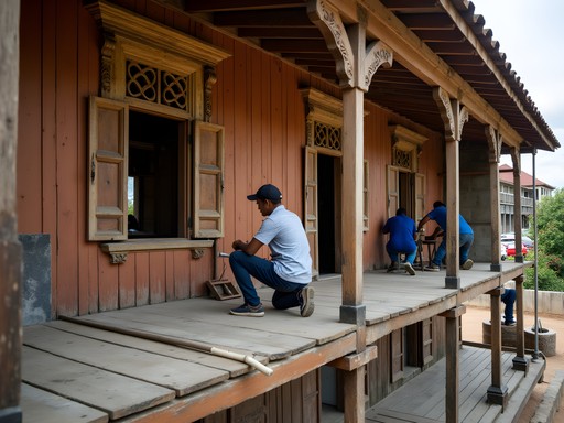Restoration work being conducted on historic wooden architecture in Georgetown