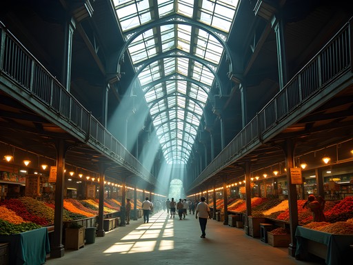 Interior of Stabroek Market showing cast iron structure and busy market stalls