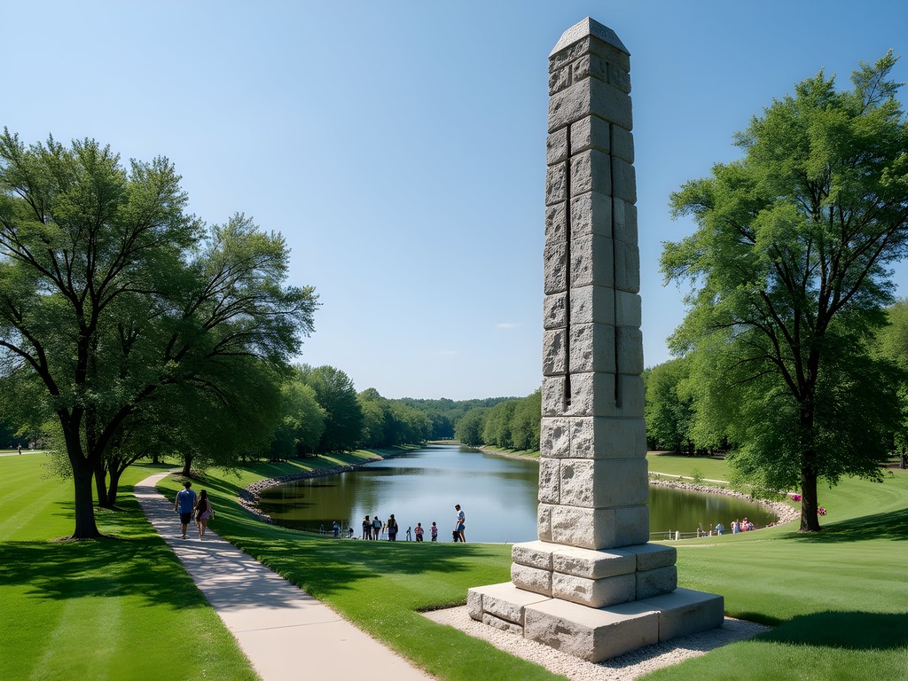 Tall flood measurement obelisk along the Greenway in Grand Forks showing the 1997 flood level