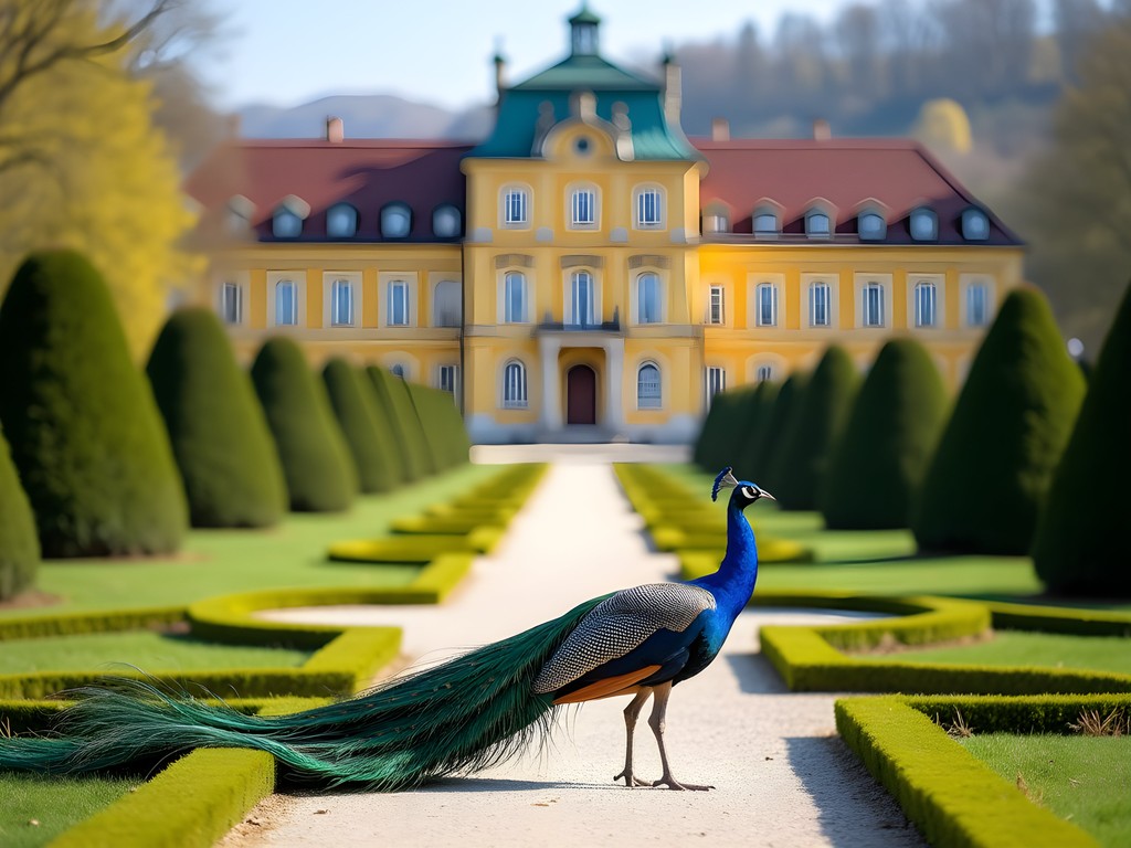 Peacock displaying feathers in the formal gardens of Eggenberg Palace with baroque architecture in background