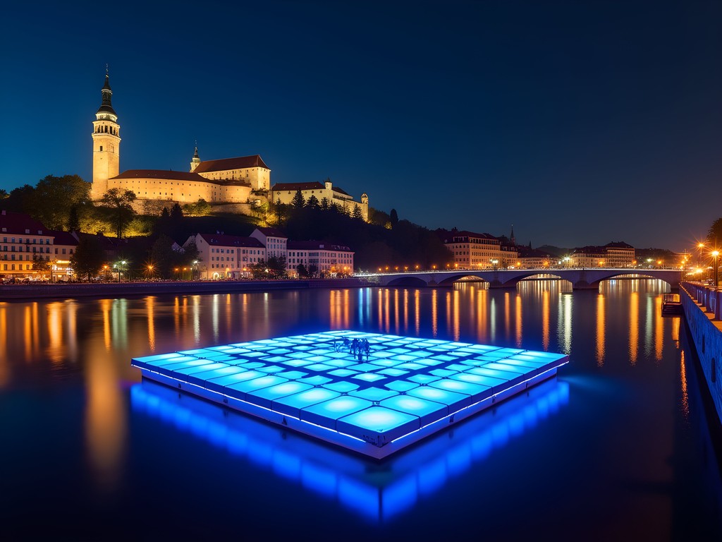 Illuminated Murinsel floating platform at night with medieval Schlossberg Clock Tower lit up in background