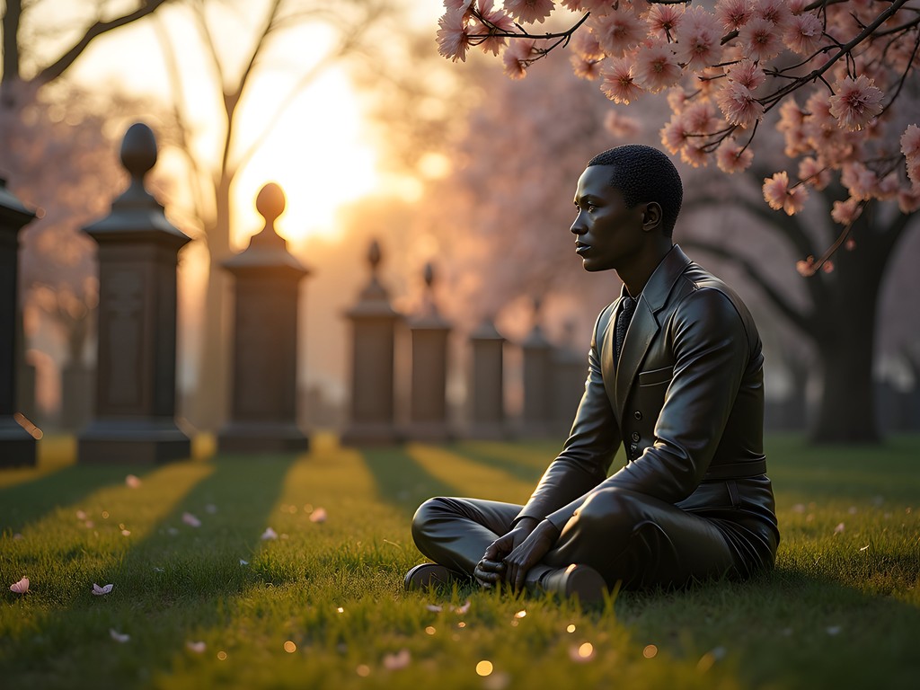 Contrabands and Freedmen's Cemetery Memorial at dawn with bronze sculptures and memorial tablets