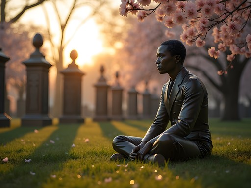 Contrabands and Freedmen's Cemetery Memorial at dawn with bronze sculptures and memorial tablets