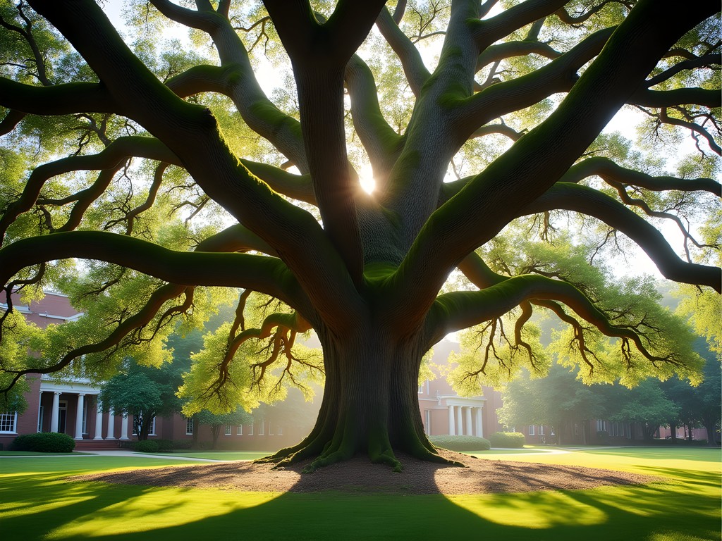 Massive Emancipation Oak with sprawling branches on Hampton University campus