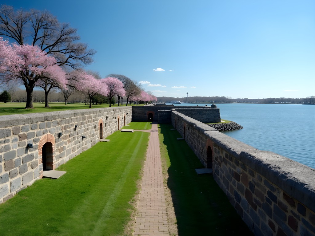 Stone ramparts of Fort Monroe overlooking Chesapeake Bay in Hampton, Virginia