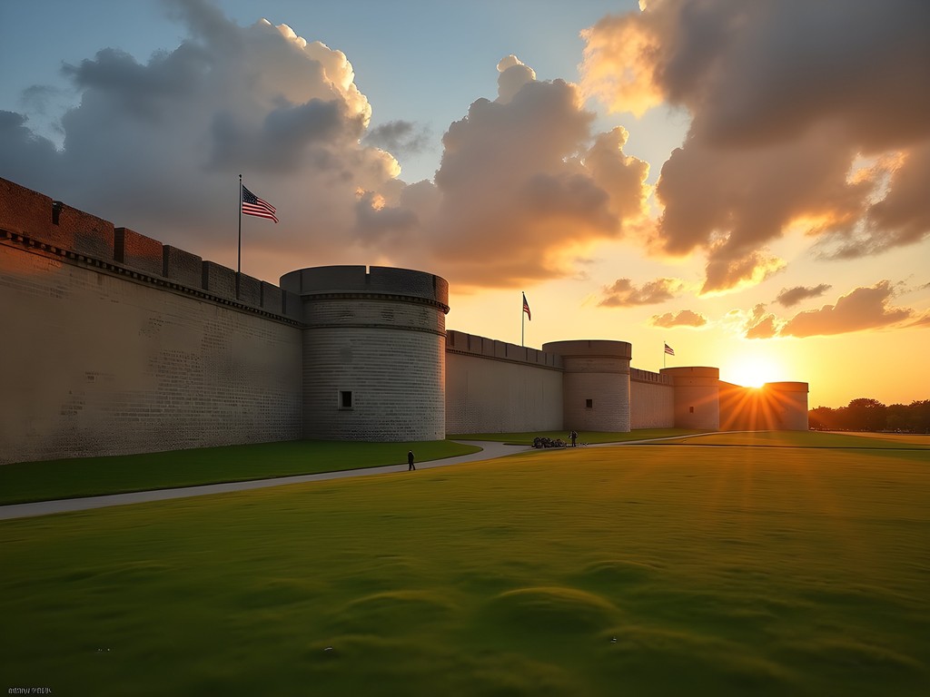 Historic stone walls of Fort Monroe at sunset with American flag