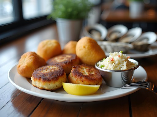 Traditional Chesapeake Bay seafood dinner with crab cakes and oysters
