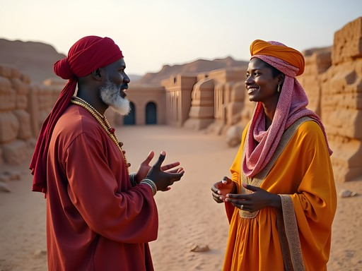 Cultural exchange with local guide in traditional Somali dress near historical site in Somaliland