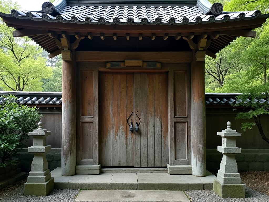 Historic wooden gate of Fudoin Temple in Hiroshima that survived the atomic bombing
