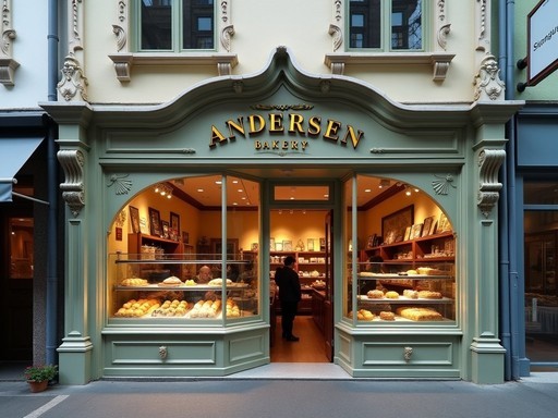 Fairytale-inspired façade of historic Hiroshima Andersen bakery with display of fresh bread