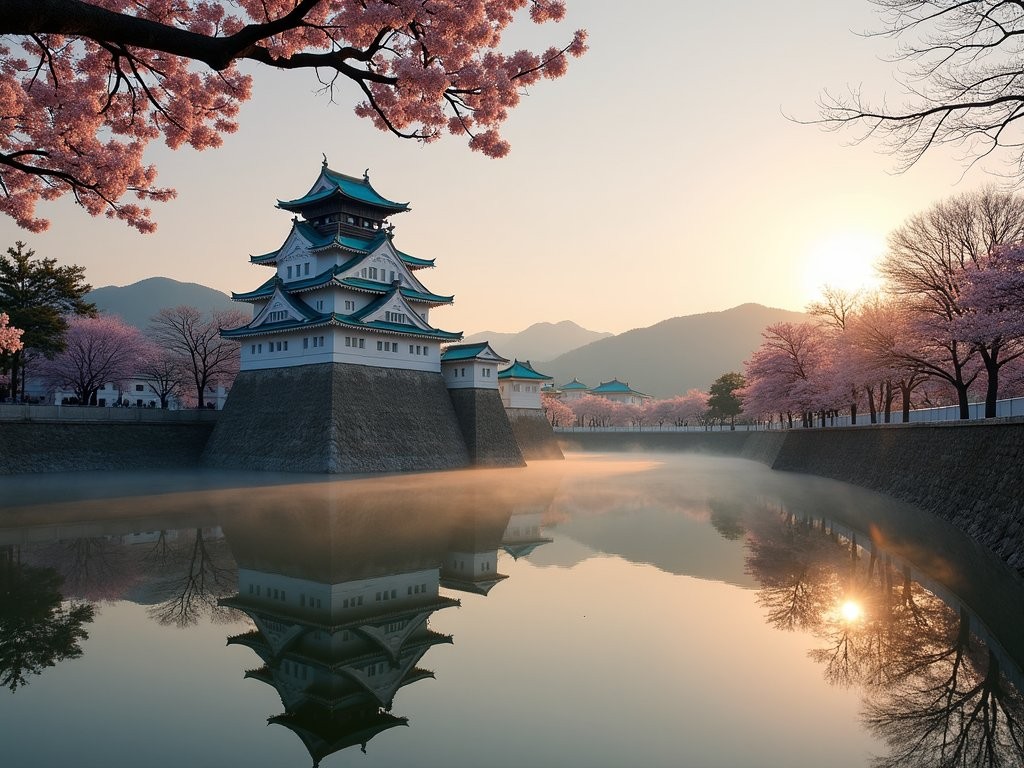 Reconstructed Hiroshima Castle reflected in the moat during early morning light