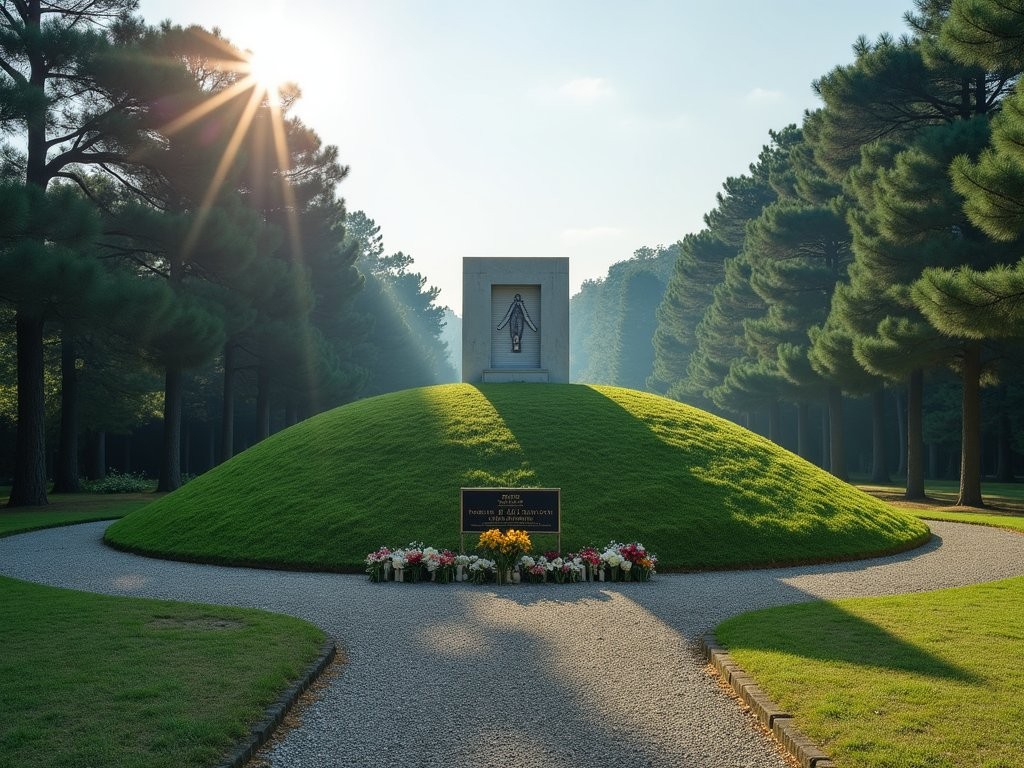 Atomic Bomb Memorial Mound in Hiroshima Peace Park at early morning with pine trees and morning light
