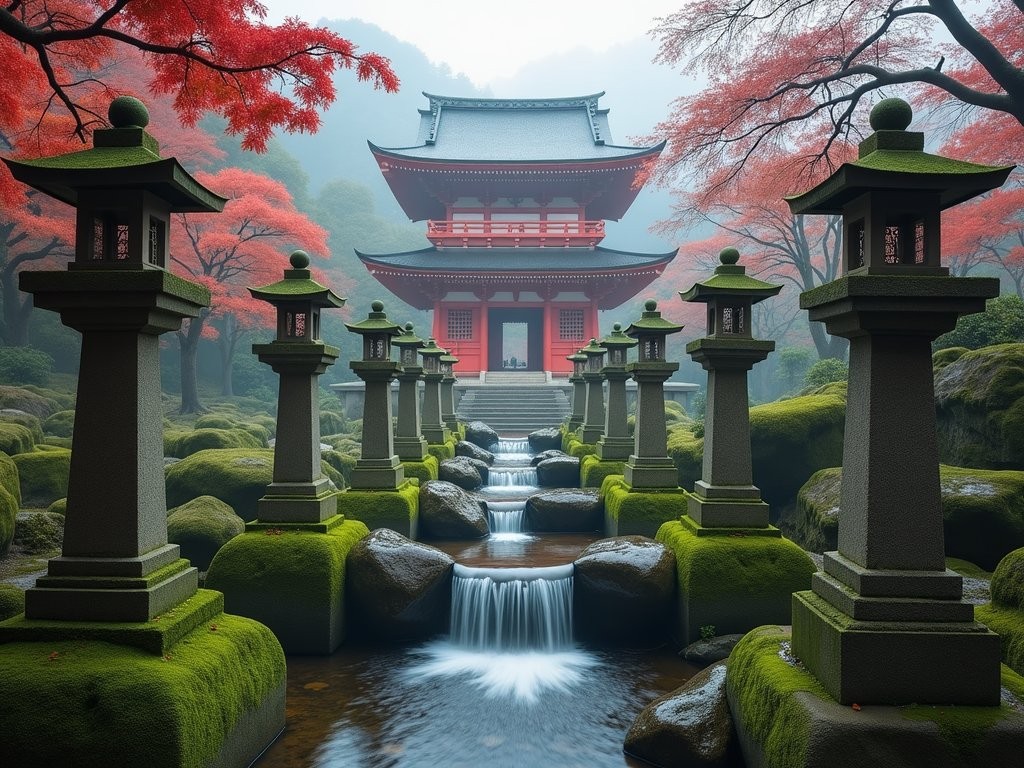 Moss-covered stone lanterns and Buddhist statues with waterfall at Mitaki-dera Temple in Hiroshima