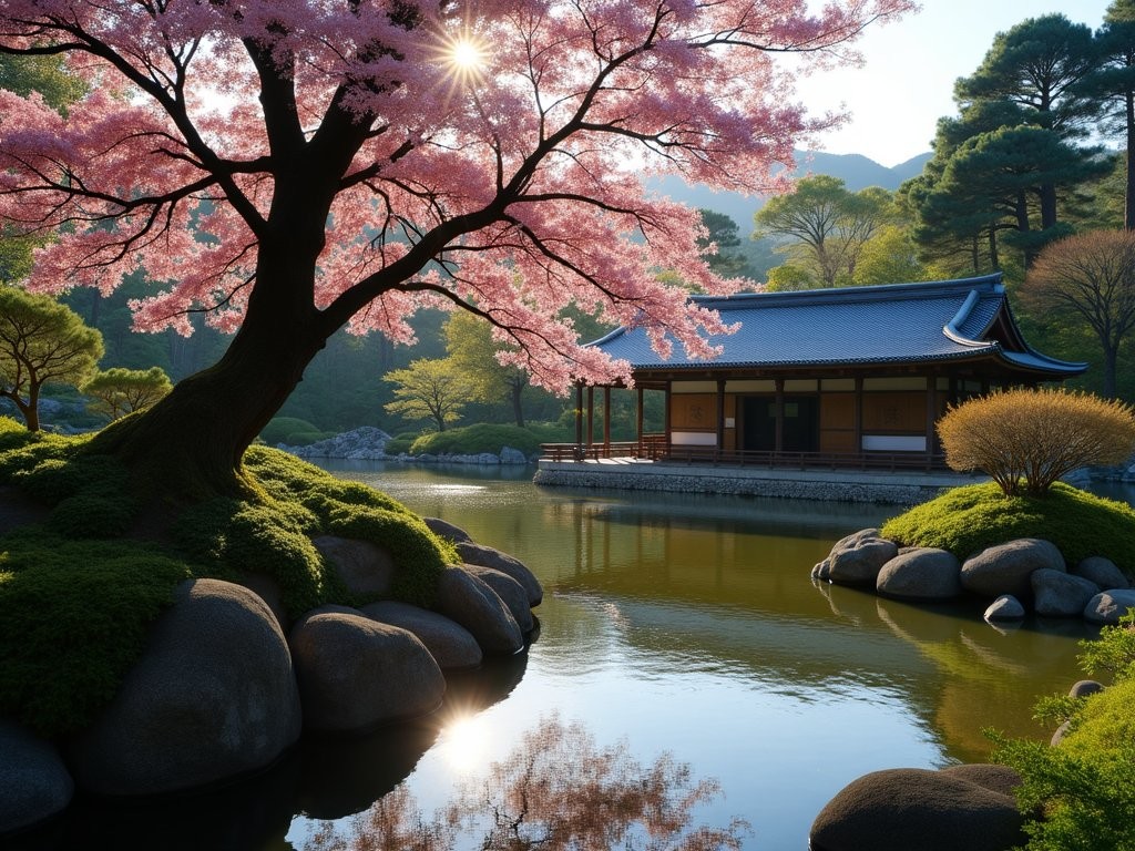 Traditional Japanese garden at Rai Sanyo Shiseki Museum with weeping cherry tree in bloom