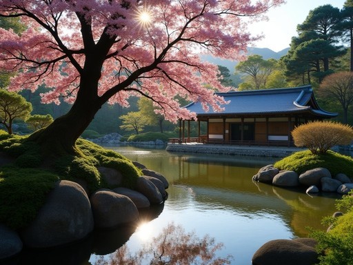 Traditional Japanese garden at Rai Sanyo Shiseki Museum with weeping cherry tree in bloom