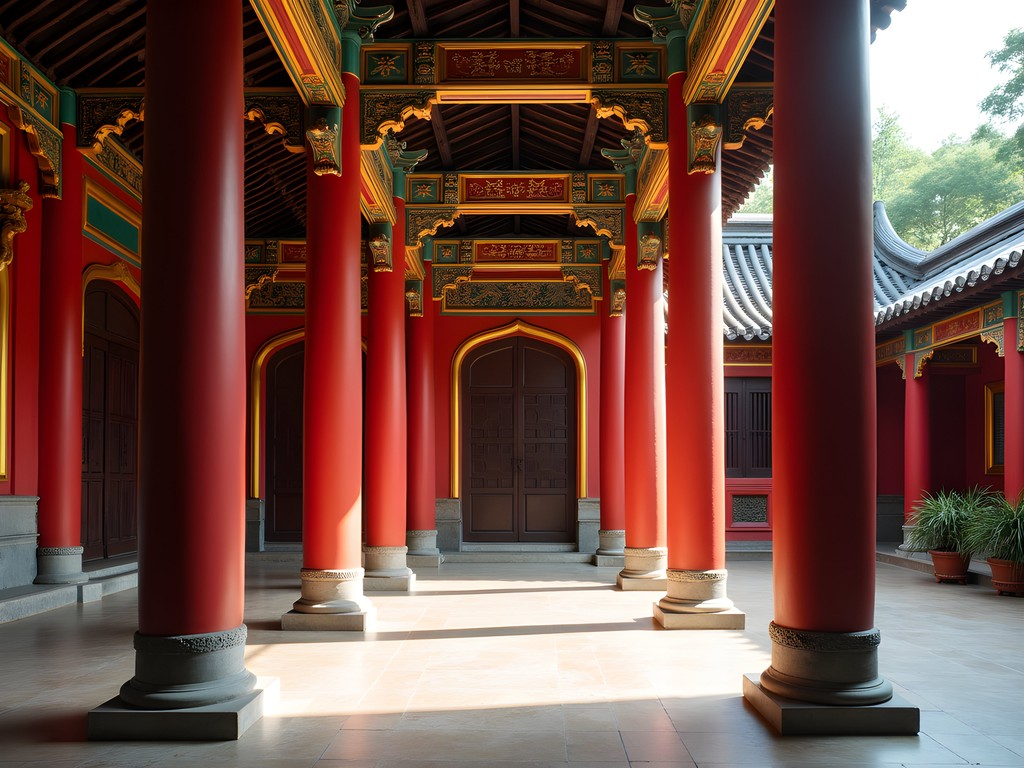 Ornate interior of Fujian Assembly Hall in Hoi An with red pillars and traditional Chinese architecture