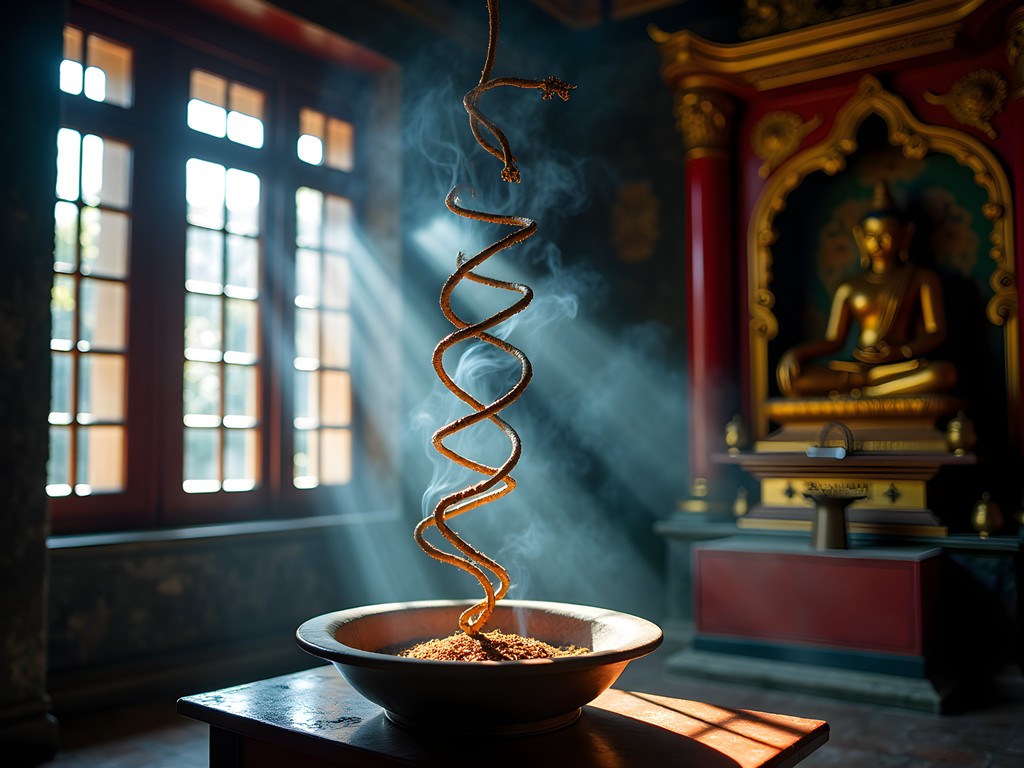 Spiraling incense coils hanging from ceiling in atmospheric hidden temple in Hoi An