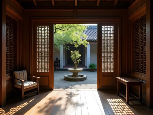 Traditional wooden courtyard in ancient Hoi An ancestral house with natural light streaming through