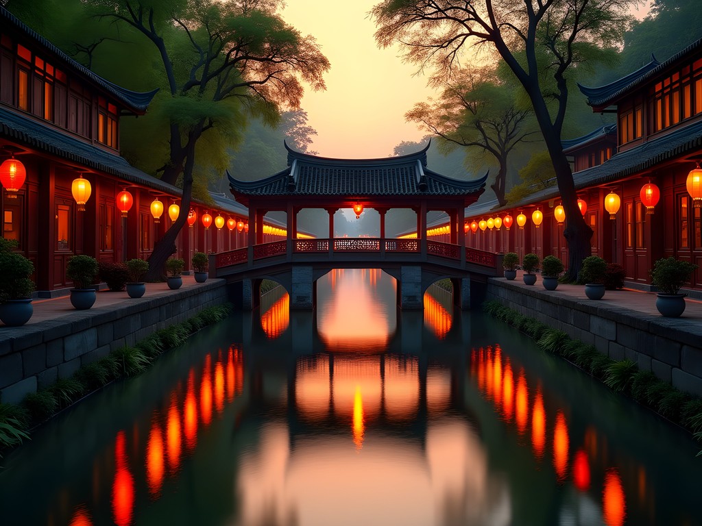 Historic Japanese Covered Bridge in Hoi An illuminated at sunset with colorful lanterns