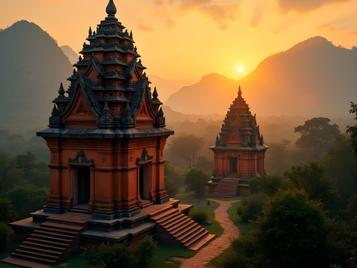 Ancient brick temples of My Son Sanctuary at sunrise with misty mountains in background