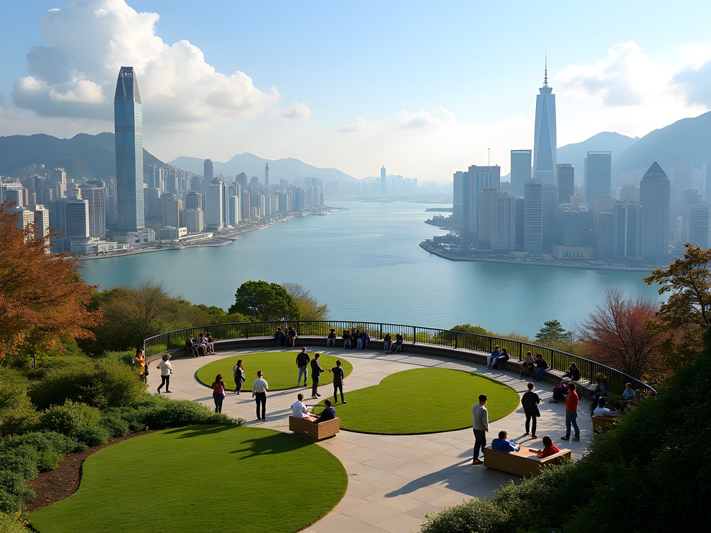 Free public viewing deck at IFC Mall with panoramic view of Hong Kong architecture