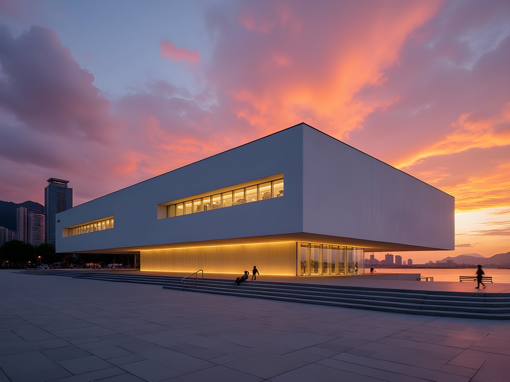 M+ Museum in West Kowloon Cultural District at sunset with its distinctive LED facade illuminated