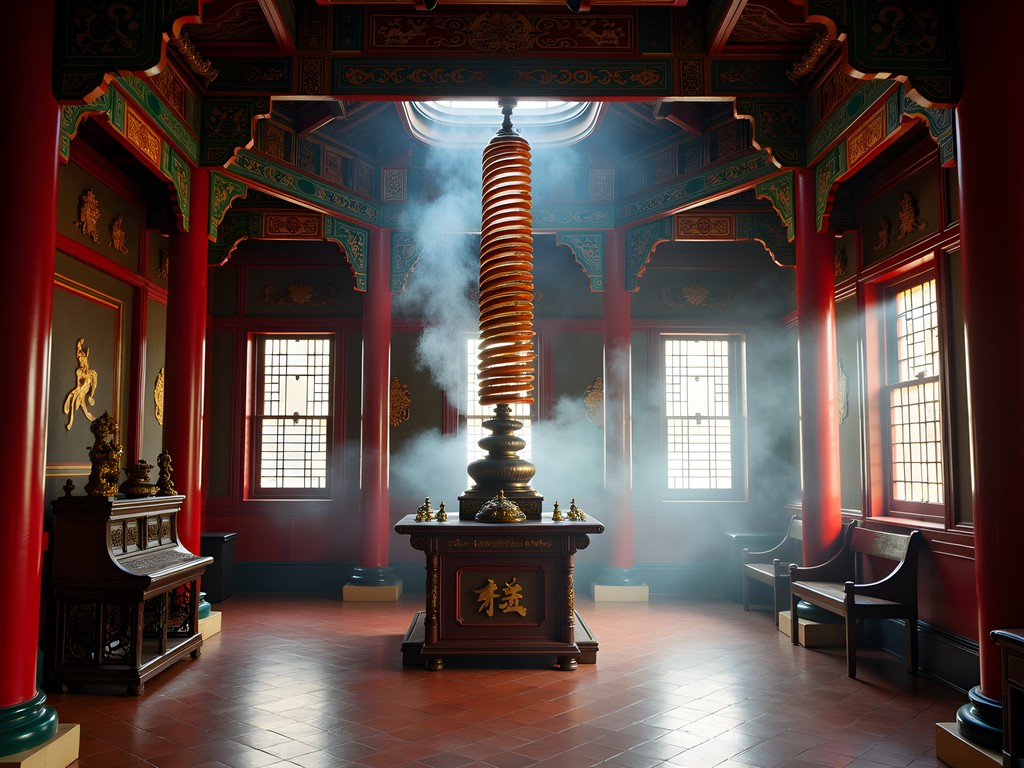 Interior of Man Mo Temple with hanging incense coils and traditional Chinese architecture