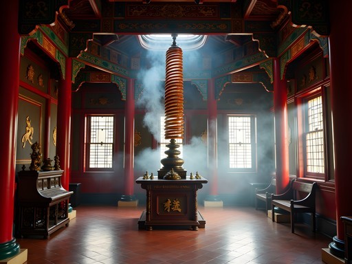 Interior of Man Mo Temple with hanging incense coils and traditional Chinese architecture