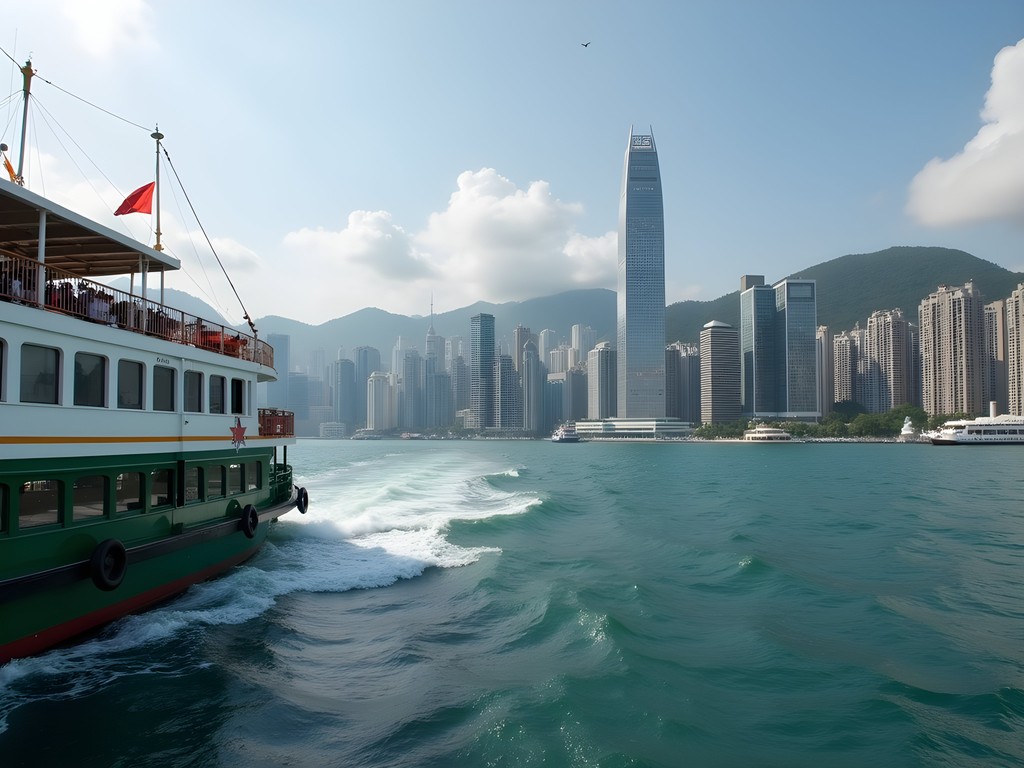 View of Hong Kong skyline from Star Ferry with mix of colonial and modern architecture
