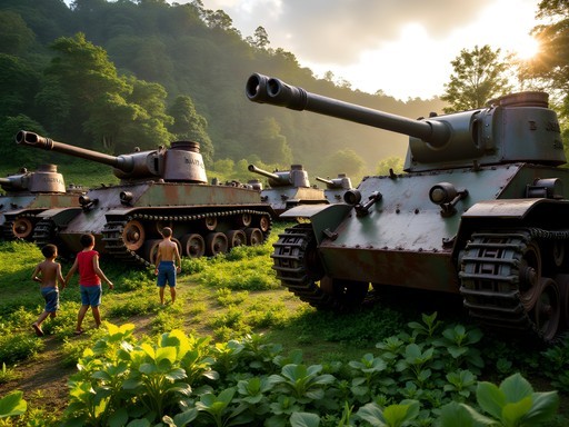Rusting Sherman tanks at Tetere Tank Graveyard with local children playing