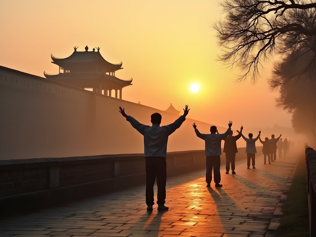 Local Vietnamese residents doing morning exercises along Hue Citadel walls