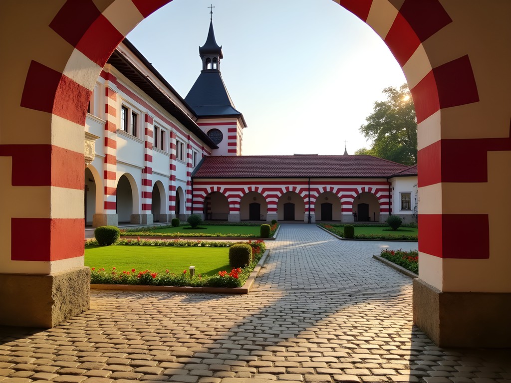 Peaceful courtyard of Golia Monastery with traditional Romanian Orthodox architecture