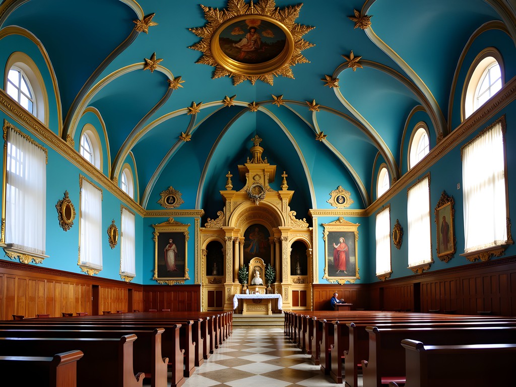 Interior of Epiphany Cathedral in Irkutsk showing blue ceiling with golden stars and ornate iconostasis